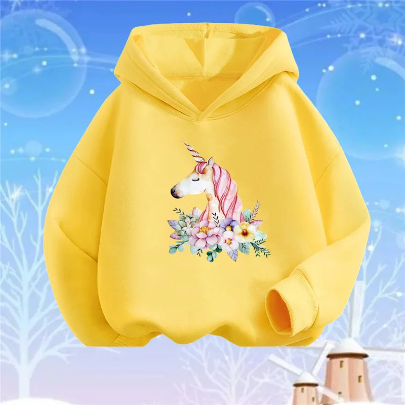 Kids Cartoon Hoodies Beauty Flower Unicorn Hoodey Sweatshirt Girls Fashion Harajuku Thin Basic Coat