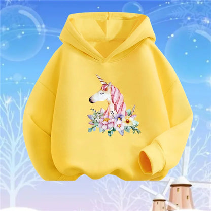 Kids Cartoon Hoodies Beauty Flower Unicorn Hoodey Sweatshirt Girls Fashion Harajuku Thin Basic Coat