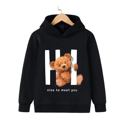 Autumn Winter Children Hoodies Kawaii Hi Teddy Bear Print Girls Boys Baby Clothes Casual Fashion Kids Sweatshirt Pullovers Tops