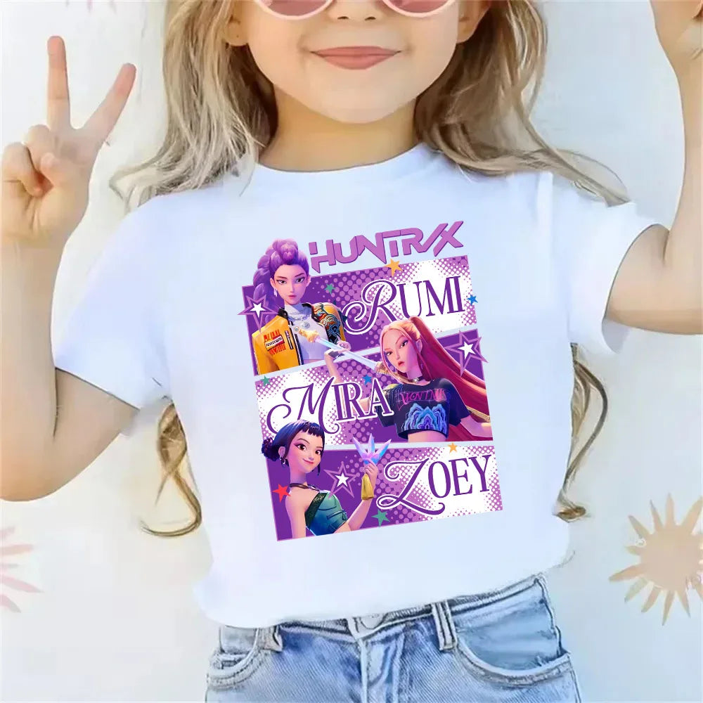 2025 new children's cotton Korean Wave demon hunter printed fashion casual round-neck top movie cartoon girl boy T-shirt