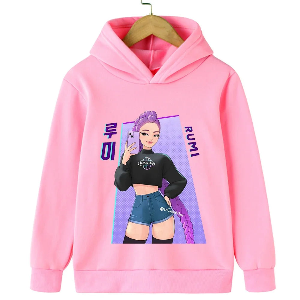 Autumn KPop Demon Hunter Cartoon Print Kids Hoodie Warm Girl Sweatshirt Children's Korean Style Fashion Casual Pullover Clothing