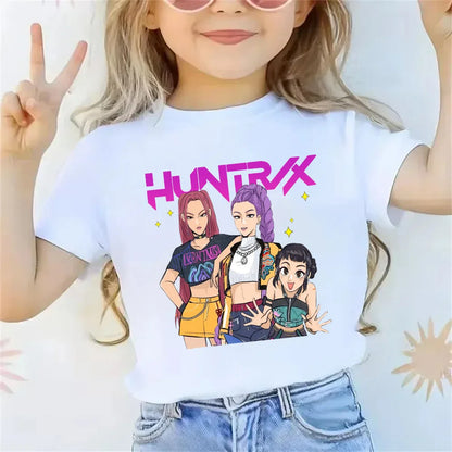 2025 new children's cotton Korean Wave demon hunter printed fashion casual round-neck top movie cartoon girl boy T-shirt