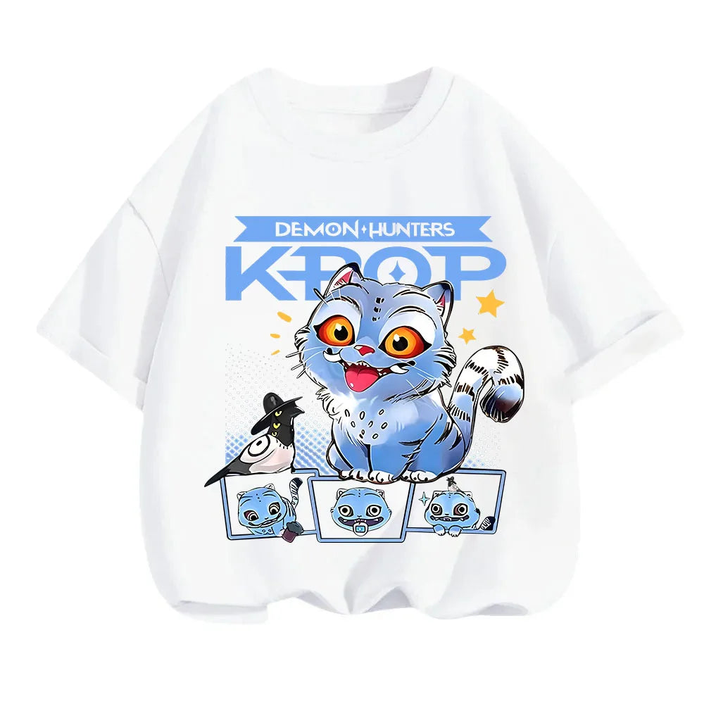 2025 new children's cotton Korean Wave demon hunter printed fashion casual round-neck top movie cartoon girl boy T-shirt