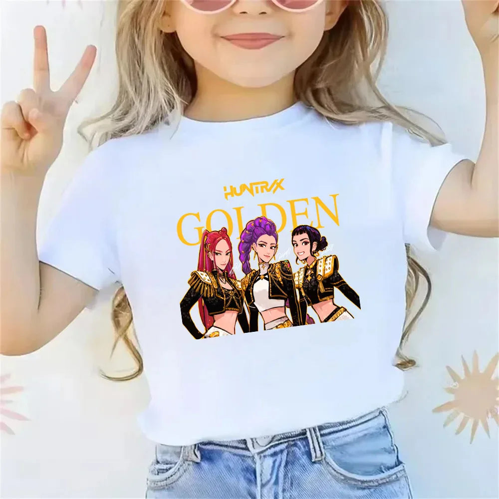 2025 new children's cotton Korean Wave demon hunter printed fashion casual round-neck top movie cartoon girl boy T-shirt