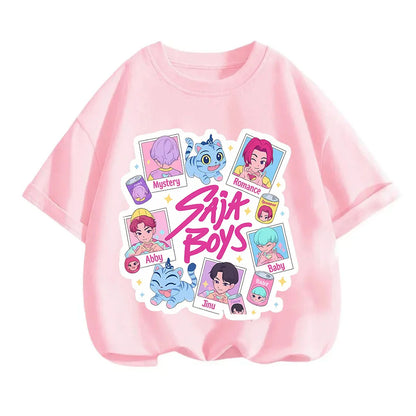 2025 new children's cotton Korean Wave demon hunter printed fashion casual round-neck top movie cartoon girl boy T-shirt
