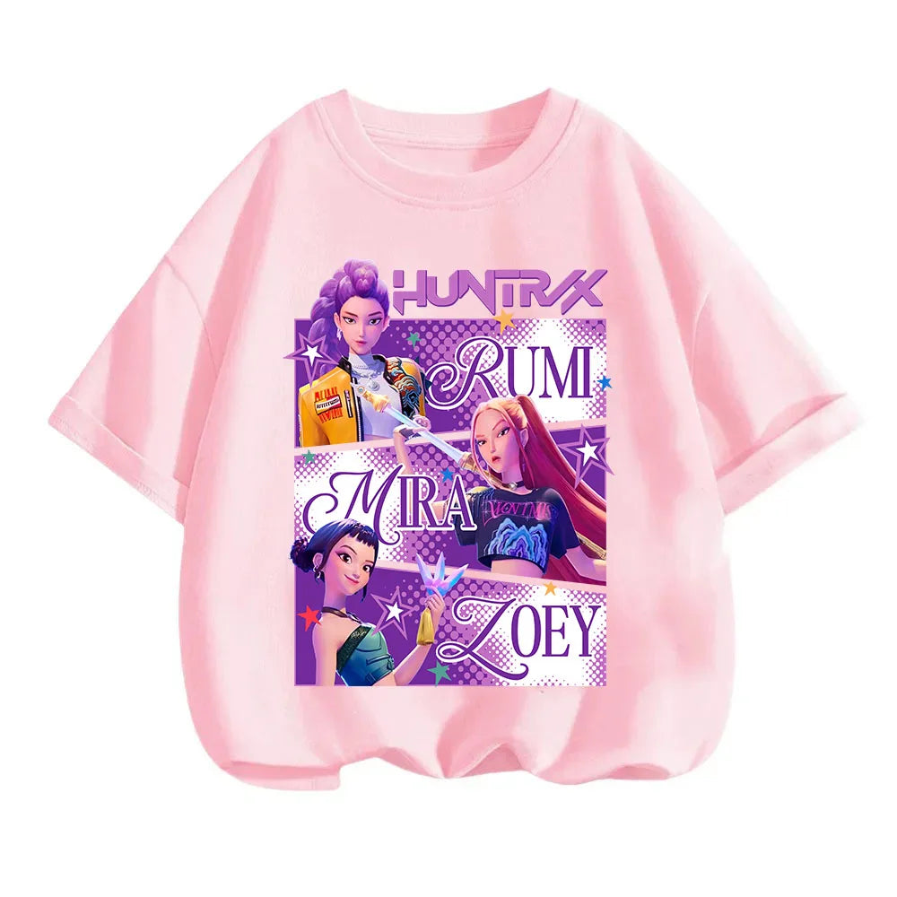 2025 new children's cotton Korean Wave demon hunter printed fashion casual round-neck top movie cartoon girl boy T-shirt