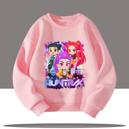 K-pop Demon Hunters New Children's Round-neck Sports Shirt with Cartoon Print - 3-12 Years Old Cute Girl Casual Top