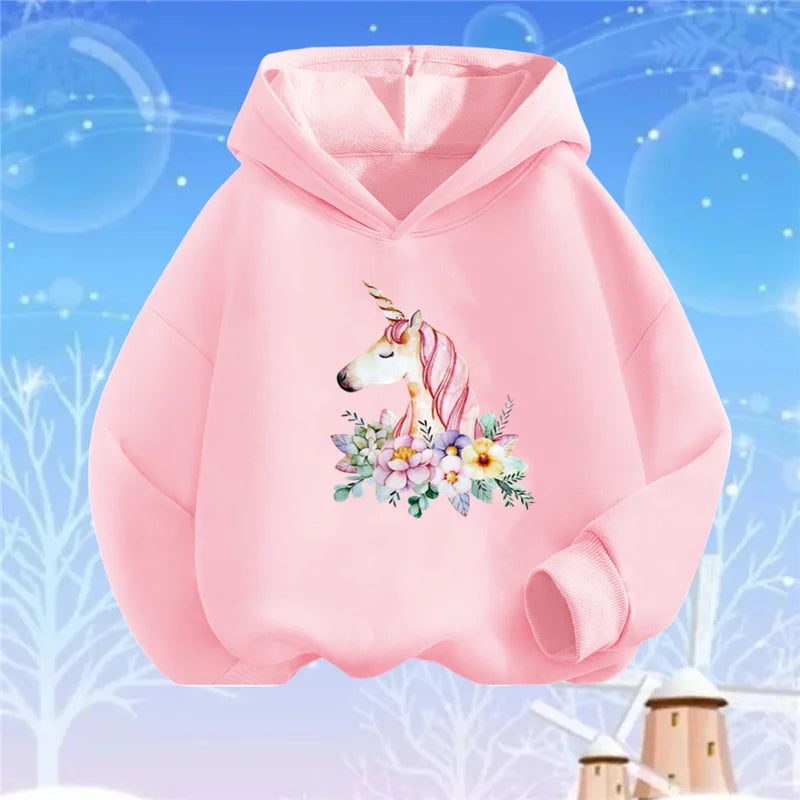 Kids Cartoon Hoodies Beauty Flower Unicorn Hoodey Sweatshirt Girls Fashion Harajuku Thin Basic Coat