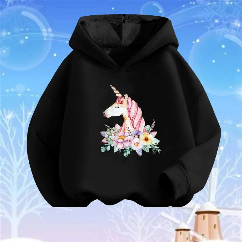 Kids Cartoon Hoodies Beauty Flower Unicorn Hoodey Sweatshirt Girls Fashion Harajuku Thin Basic Coat