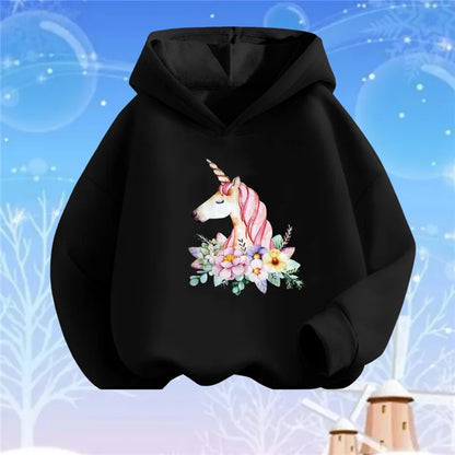 Kids Cartoon Hoodies Beauty Flower Unicorn Hoodey Sweatshirt Girls Fashion Harajuku Thin Basic Coat