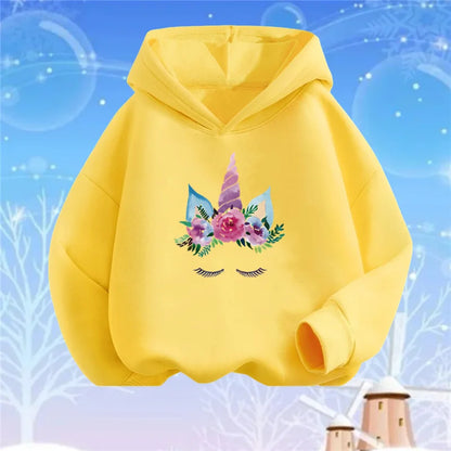 Kids Cartoon Hoodies Beauty Flower Unicorn Hoodey Sweatshirt Girls Fashion Harajuku Thin Basic Coat