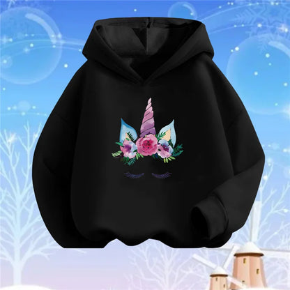 Kids Cartoon Hoodies Beauty Flower Unicorn Hoodey Sweatshirt Girls Fashion Harajuku Thin Basic Coat