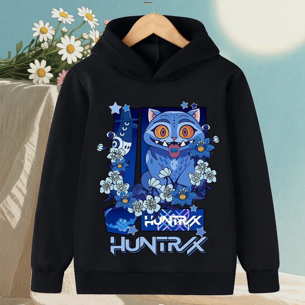 Kids Hoodie with Cartoon Hunters Print - Black Long Sleeve Pullover for Children