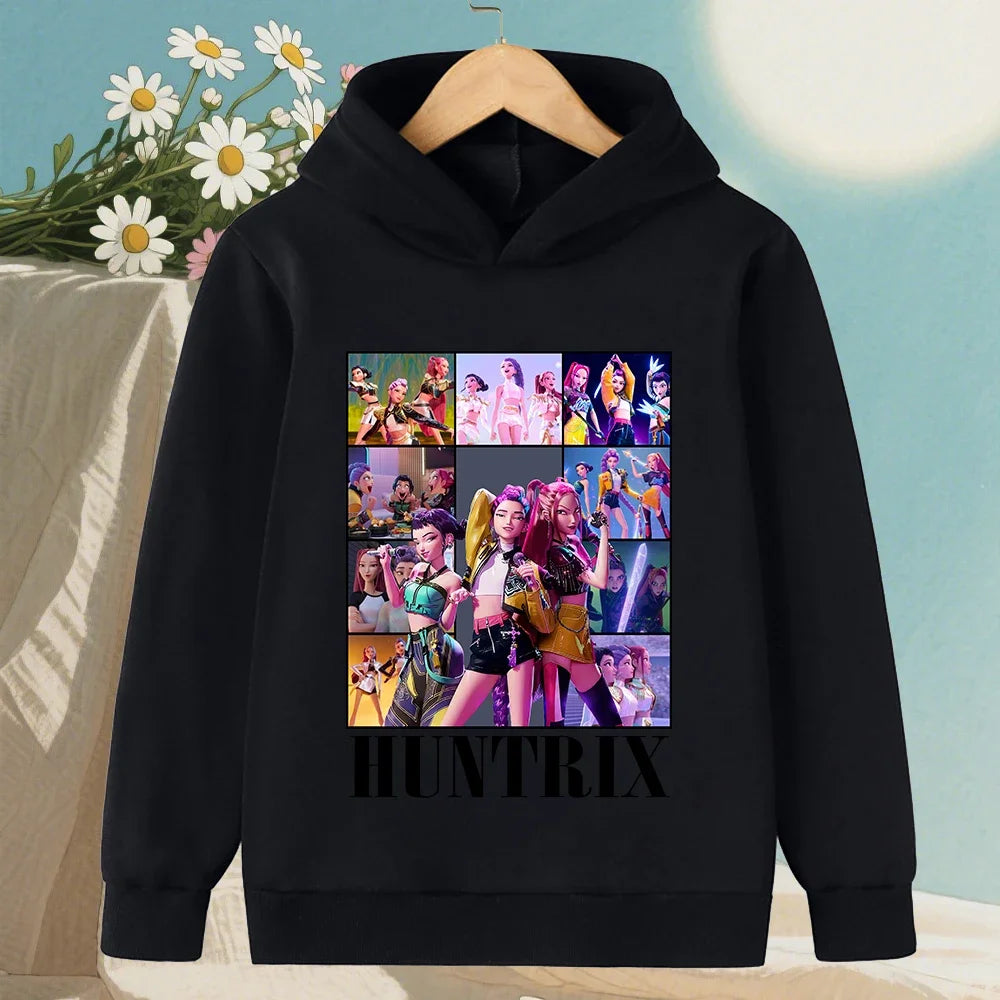 Kids Hoodie with Cartoon Hunters Print - Black Long Sleeve Pullover for Children