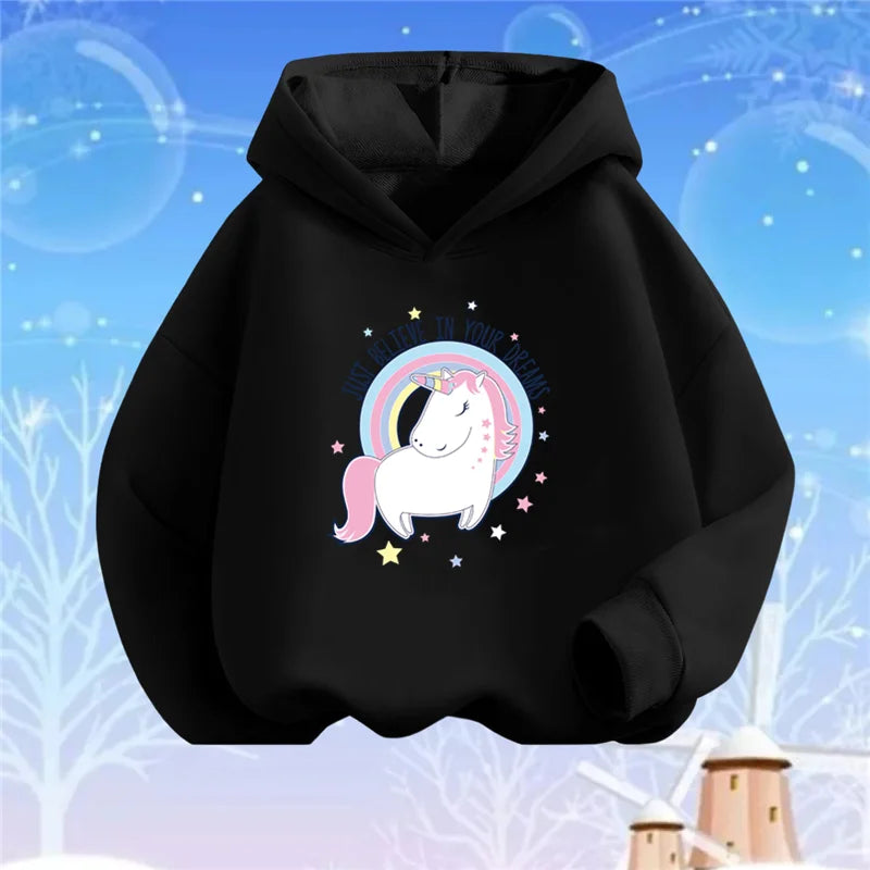 Kids Cartoon Hoodies Beauty Flower Unicorn Hoodey Sweatshirt Girls Fashion Harajuku Thin Basic Coat