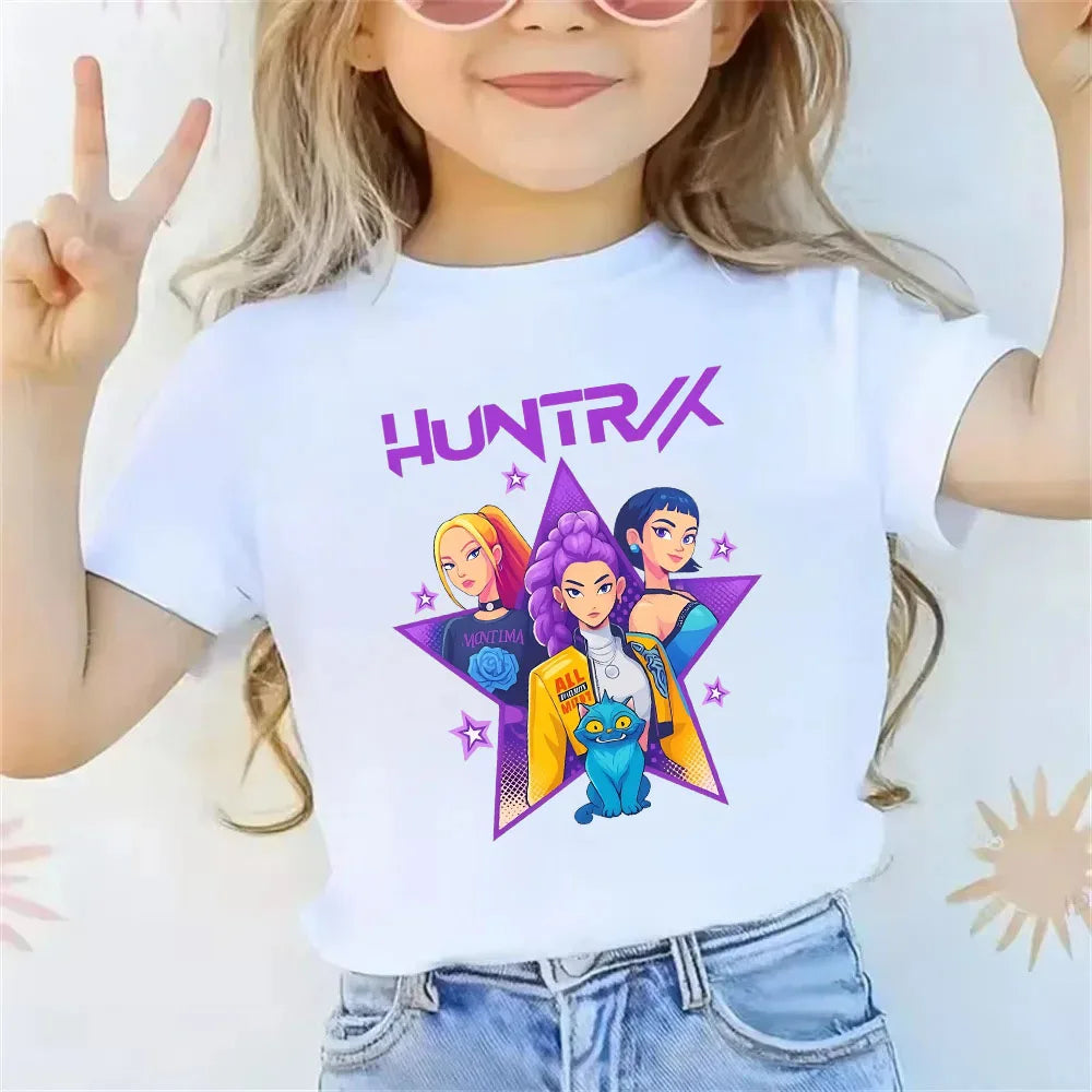 2025 new children's cotton Korean Wave demon hunter printed fashion casual round-neck top movie cartoon girl boy T-shirt