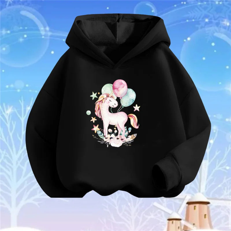 Kids Cartoon Hoodies Beauty Flower Unicorn Hoodey Sweatshirt Girls Fashion Harajuku Thin Basic Coat