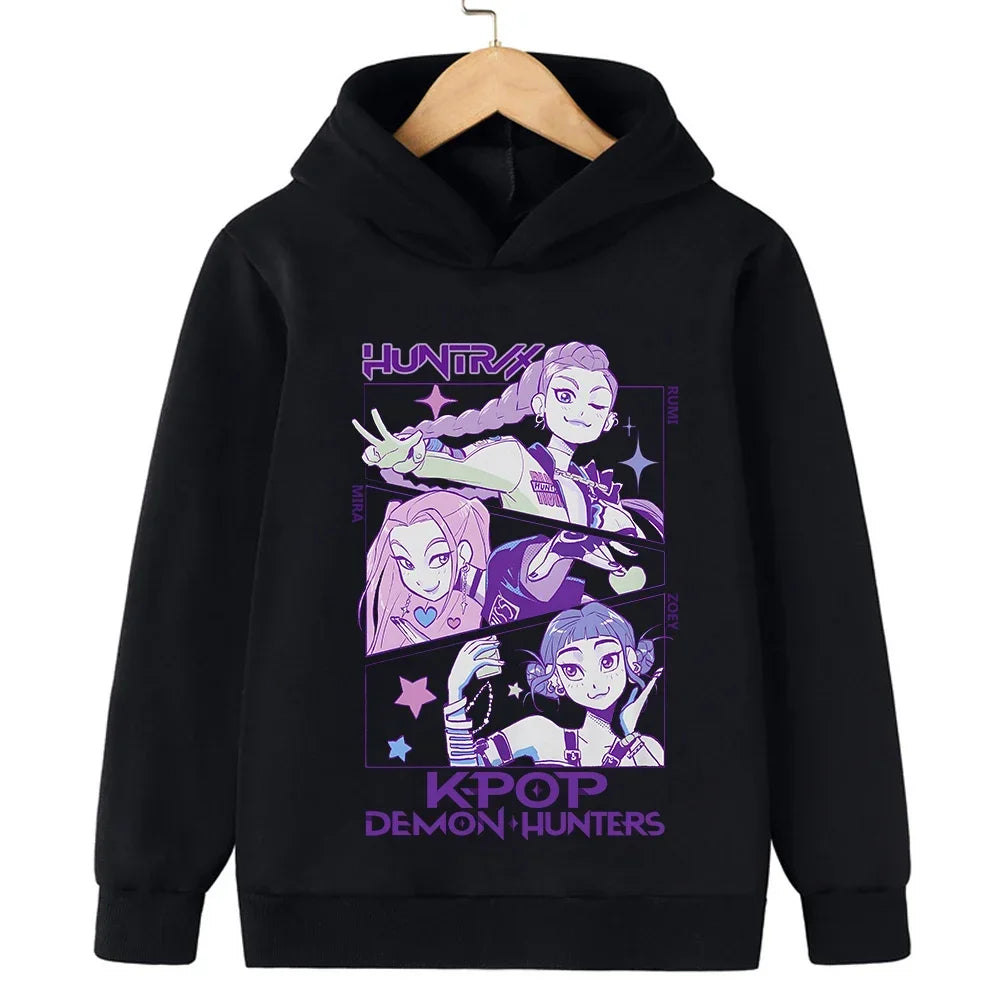 Kids Hoodie with Cartoon Hunters Print - Black Long Sleeve Pullover for Children