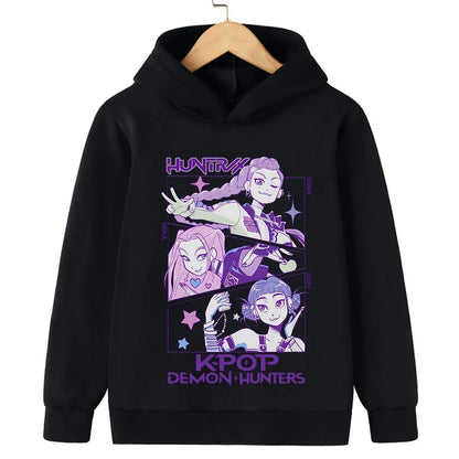 Kids Hoodie with Cartoon Hunters Print - Black Long Sleeve Pullover for Children