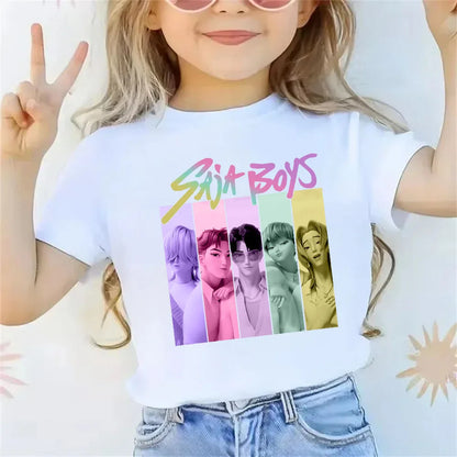 2025 new children's cotton Korean Wave demon hunter printed fashion casual round-neck top movie cartoon girl boy T-shirt