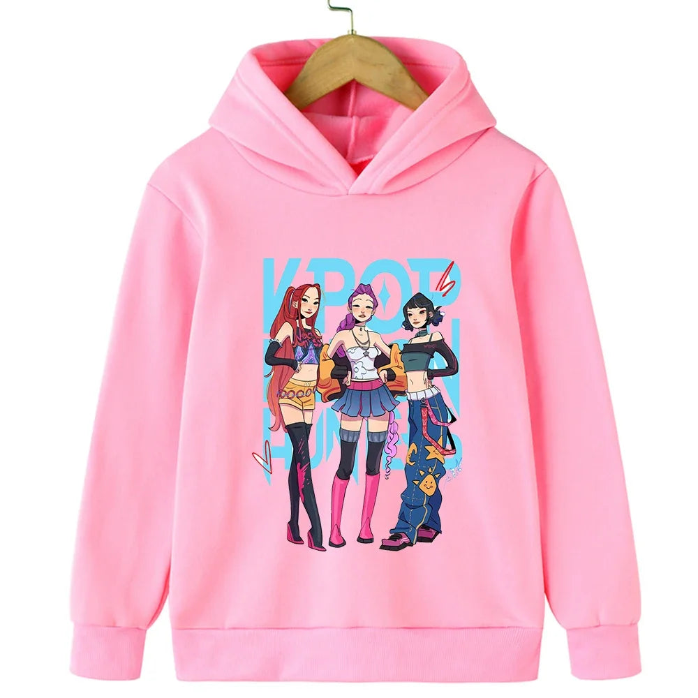 Autumn KPop Demon Hunter Cartoon Print Kids Hoodie Warm Girl Sweatshirt Children's Korean Style Fashion Casual Pullover Clothing