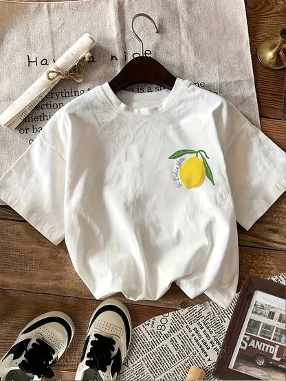 Boys & Girls Lemon Graphic T-Shirt - "I Love Lemons" Print, Soft Polyester Knit Fabric, Slight Stretch, Ribbed Detail, Regular Fit, Short Sleeve, Round Neck, Summer Casual Top for Kids 12+ Years, Fun & Comfortable Design, Cut