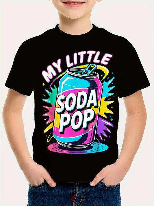 Kids K-pop Style Soda Pop T-Shirt - Boys & Girls Soft Breathable Short Sleeve Tee with My Little Soda Can & Korean Pop Art Logo, Machine Washable Summer Casual Top for, Playdates & Korean Culture Outfits