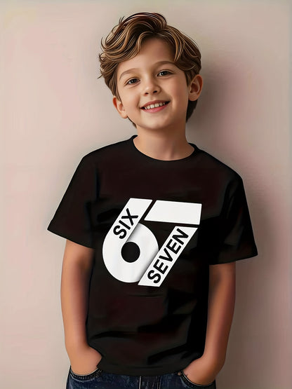 ' White 67 Number Print T-Shirt - Short Sleeve Round Neck Casual Summer Top with Black '67' Chest Number, Machine Washable Shirt, & Casual Attire - Age 4-12 Years (Regular Fit)