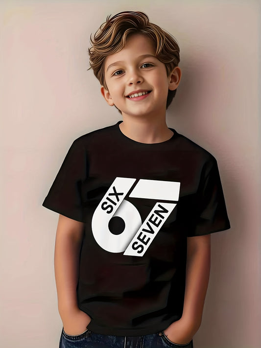 ' White 67 Number Print T-Shirt - Short Sleeve Round Neck Casual Summer Top with Black '67' Chest Number, Machine Washable Shirt, & Casual Attire - Age 4-12 Years (Regular Fit)