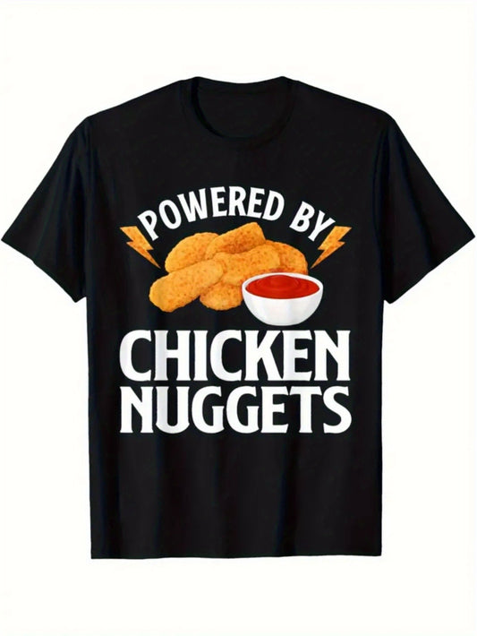 Kids' Chicken Nugget Graphic T-Shirt - "Powered by Chicken Nuggets" Slogan & Fried Chicken Design - Soft Breathable Polyester Shirt for Boys & Girls - Casual Round Neck, Moisture-wicking & Lint-free - Perfect For Outdoor Play