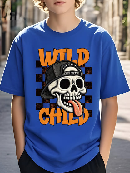 Boys' Skull Graphic T-Shirt - Breathable Moisture-Wicking Soft Polyester, Lightweight Round Neck Short Sleeve Tee for Summer Play, Outdoor Sports & Casual Wear - Machine Washable Regular Fit for Youngsters to Teens, Halloween